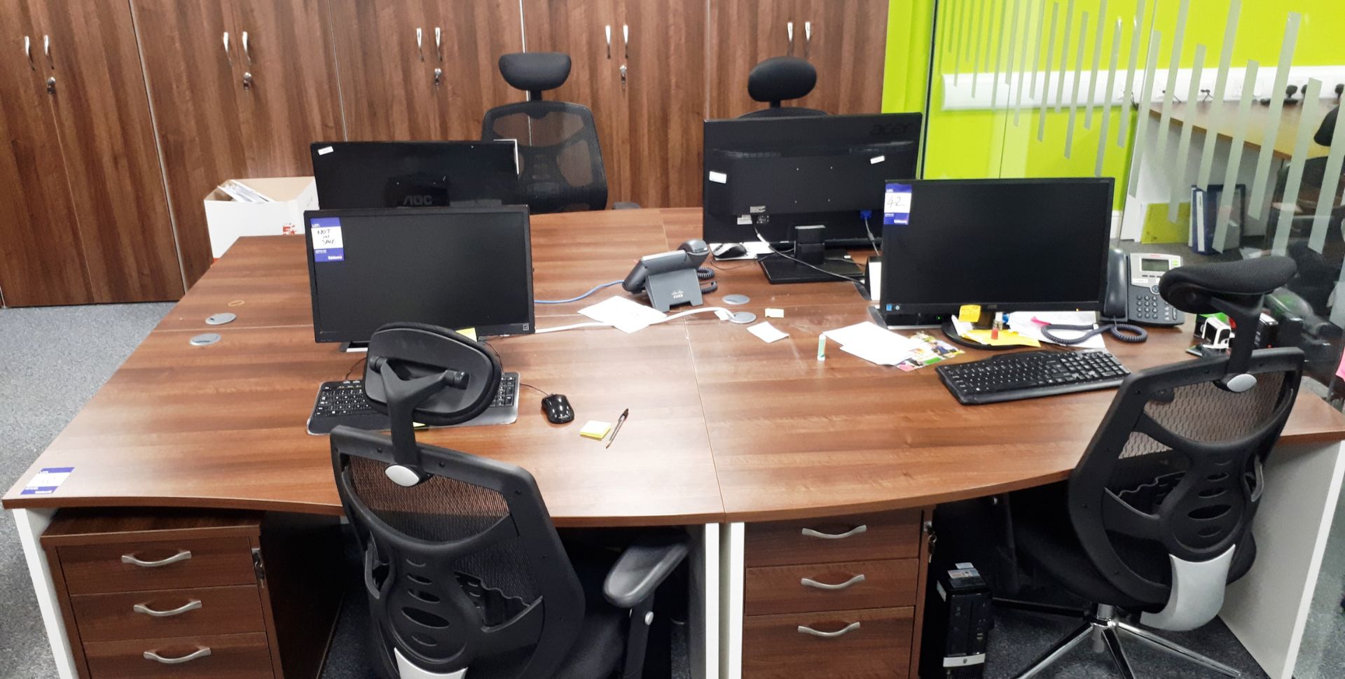 4 white laminate/oak laminate workstations, 4 pedestals and 4 chairs (PLEASE NOTE; DOES NOT