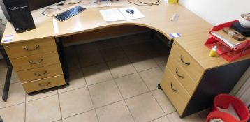 Assortment of Office Furniture including 2 x Beech Effect Curved Workstations, 2 x 3 Drawer