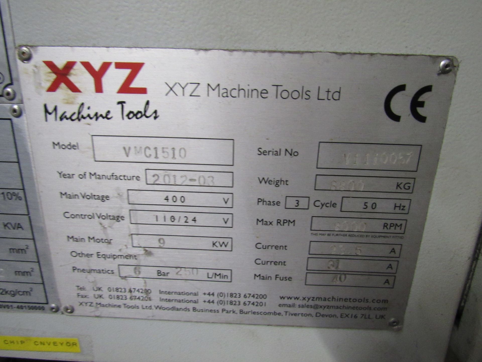 XYZ 1510VMC Vertical Machine Centre, Serial V1110057, March 2012, with Siemens Sinumerik 828D - Image 14 of 18