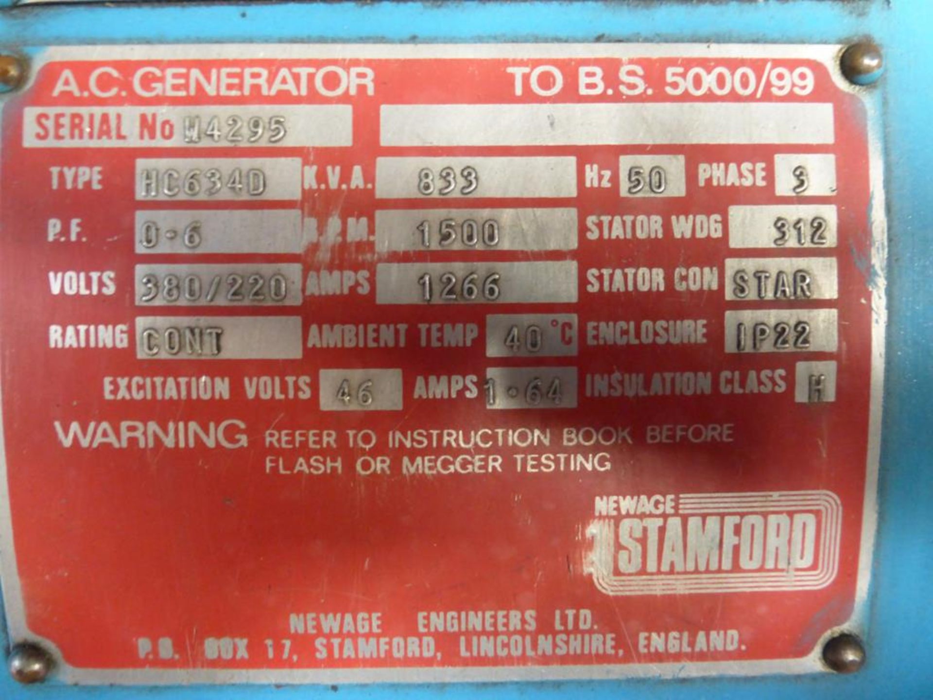 Perkins/Stamford 833kVA Heat Exchanger Cooled Generator - Image 4 of 5