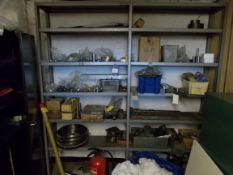 Steel cabinet, and 2 x bays of steel shelving, including assortment of tooling for example