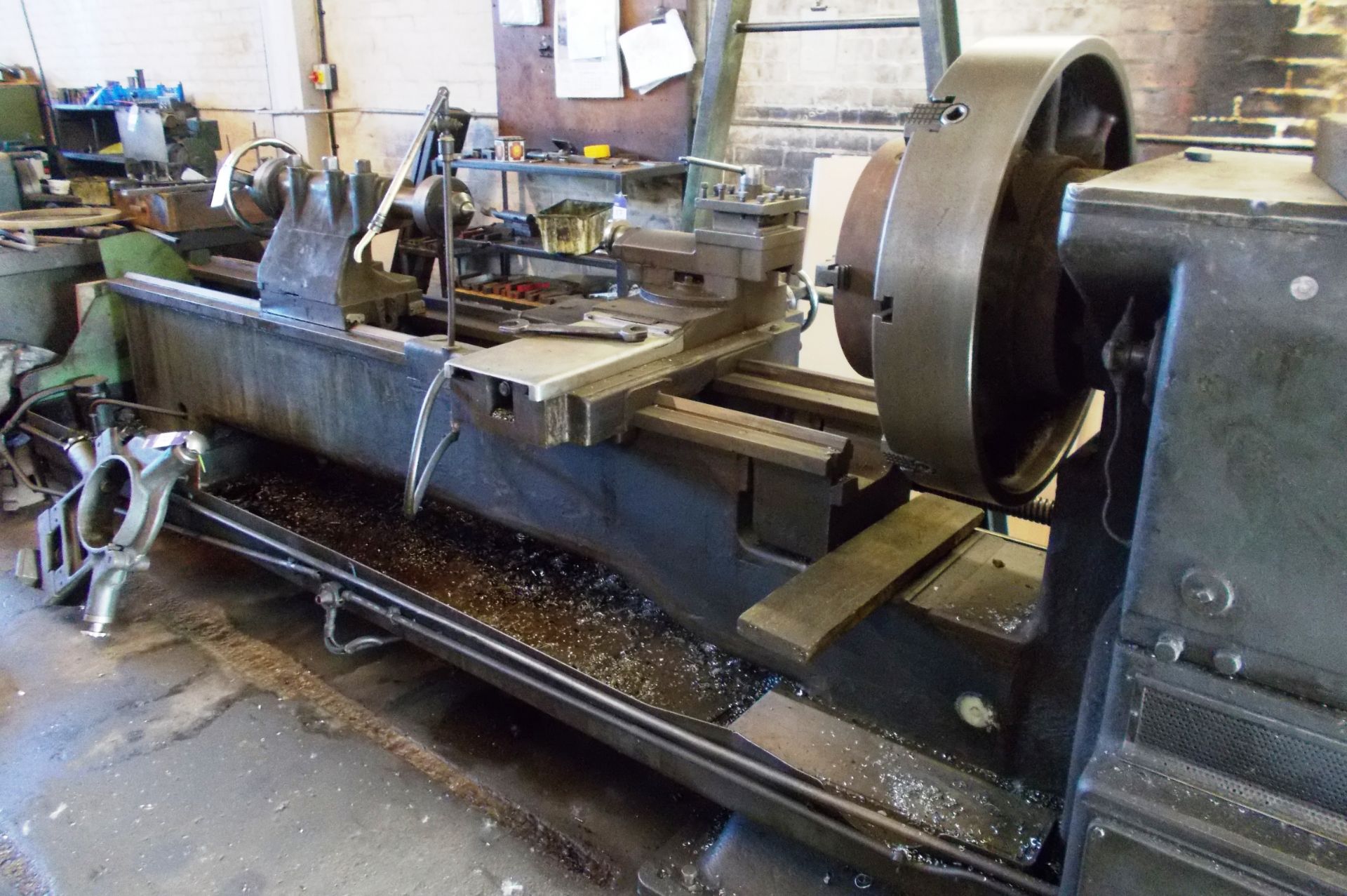 TB centre lathe, approximately 96” between centres, with 2 x 4 jaw chucks, 1 x 3 jaw chuck, fixed - Image 2 of 8