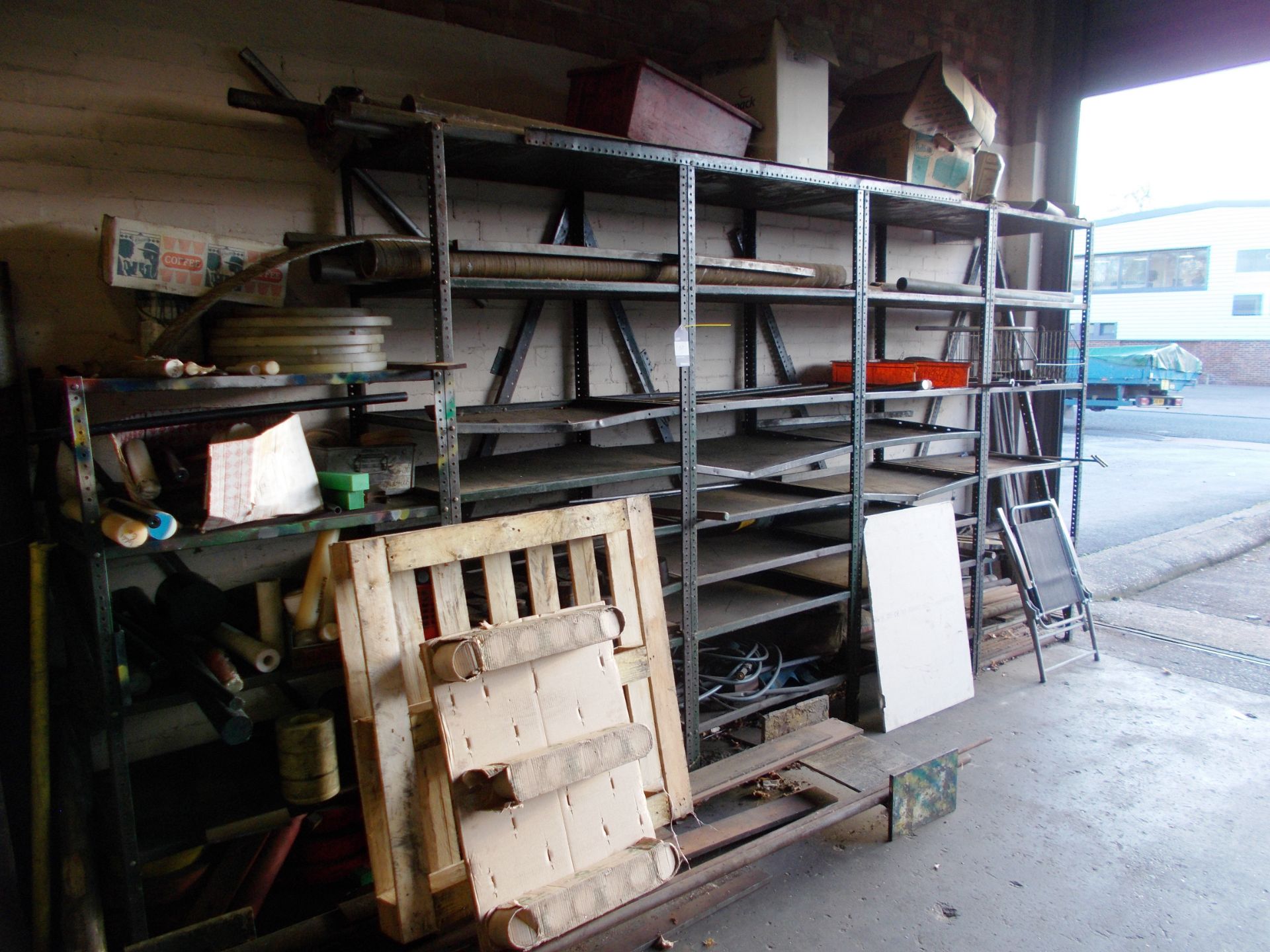 5 x Bays of steel shelving and contents of steel stock, nylon bar etc