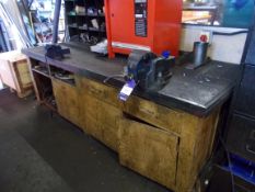 Workbench fitted with Record 23 and Record 1 ton vices, and quantity of tooling