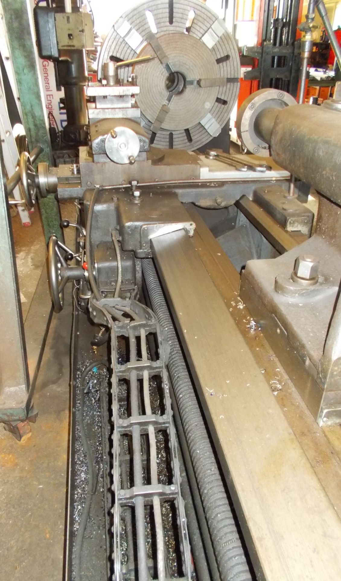 TB centre lathe, approximately 96” between centres, with 2 x 4 jaw chucks, 1 x 3 jaw chuck, fixed - Image 4 of 8