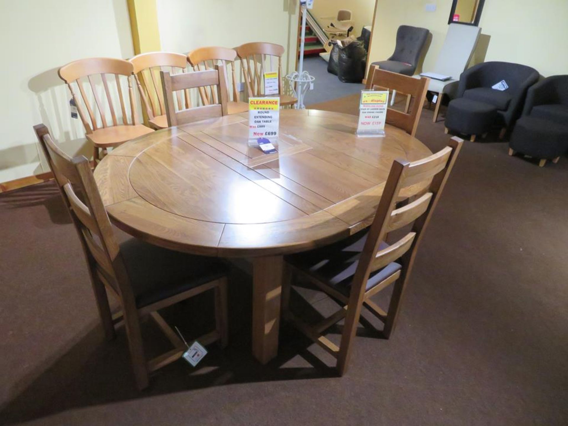 Round Extending Oak Table and Ladderback Chairs