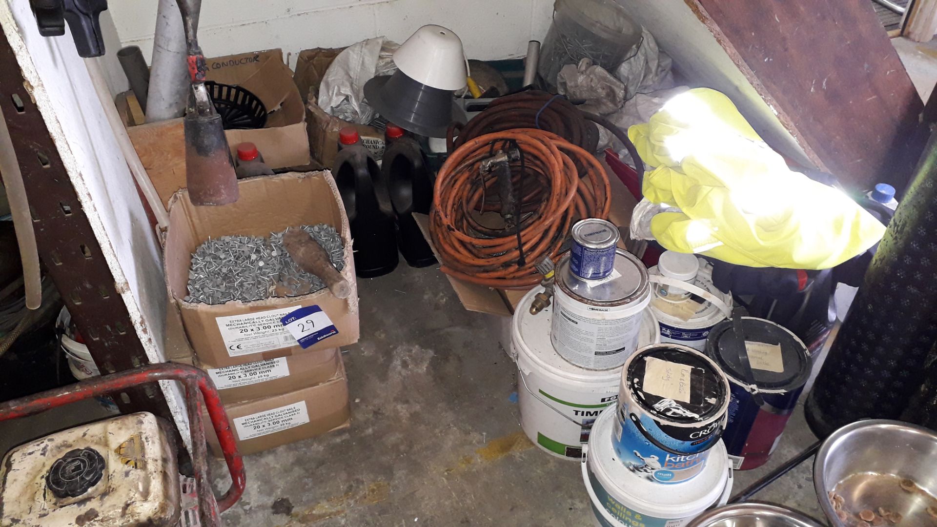 Contents of Under Staircase Storage to include Blow Torch Lines, Hoses, Oils, Nails, Consumables