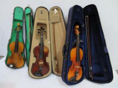 Three cased 3/4 size Violins to include two 'Lark' and one 'The Maidstone Murdoch & Co London E.C'