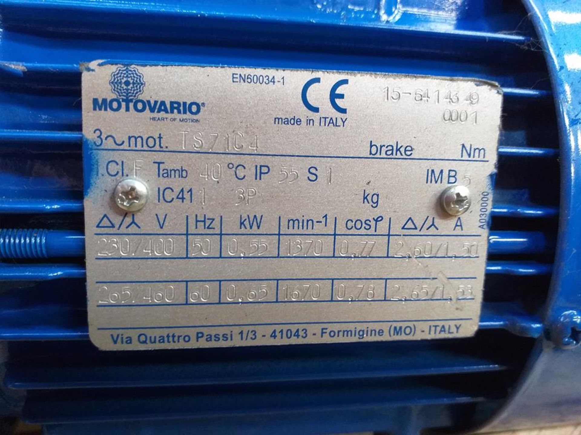 2 X Motovario 0.55kW T71C4 B5 (4 Pole) IE1 Motors - Image 3 of 3