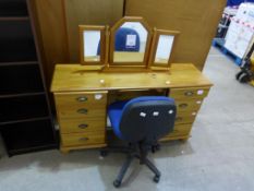 A Pine Dressing Table, Dressing Table Tripple Mirror and Five Branch Blue Office Chair