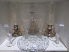 Four Goblets, a Decanter, Candleholders and Round Serving Tray