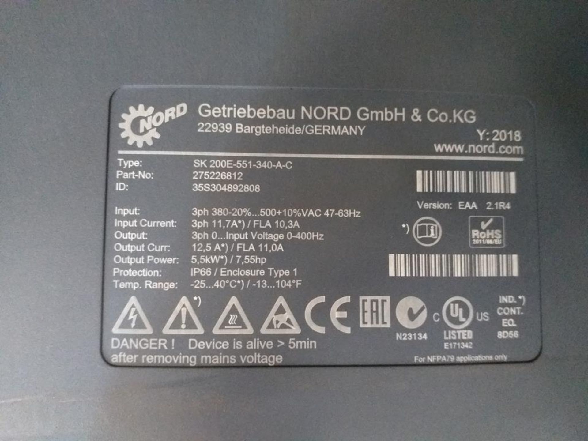 Nord VSD Gearbox 5.5kW 4 Pole 3 Phase 400V SK132SH/4 TF SH-200E-551-340-A-C 230V Anti-Con Heaters - Image 3 of 4