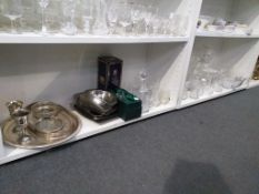Two Shelves of Glassware & Metalware