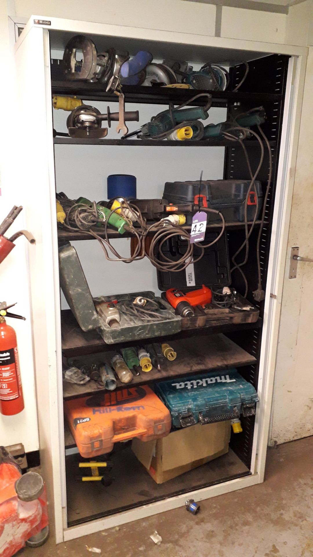 Cabinet and Contents to include Approx. 15 x Various Power Tools, Grinders, Sanders, Drill and