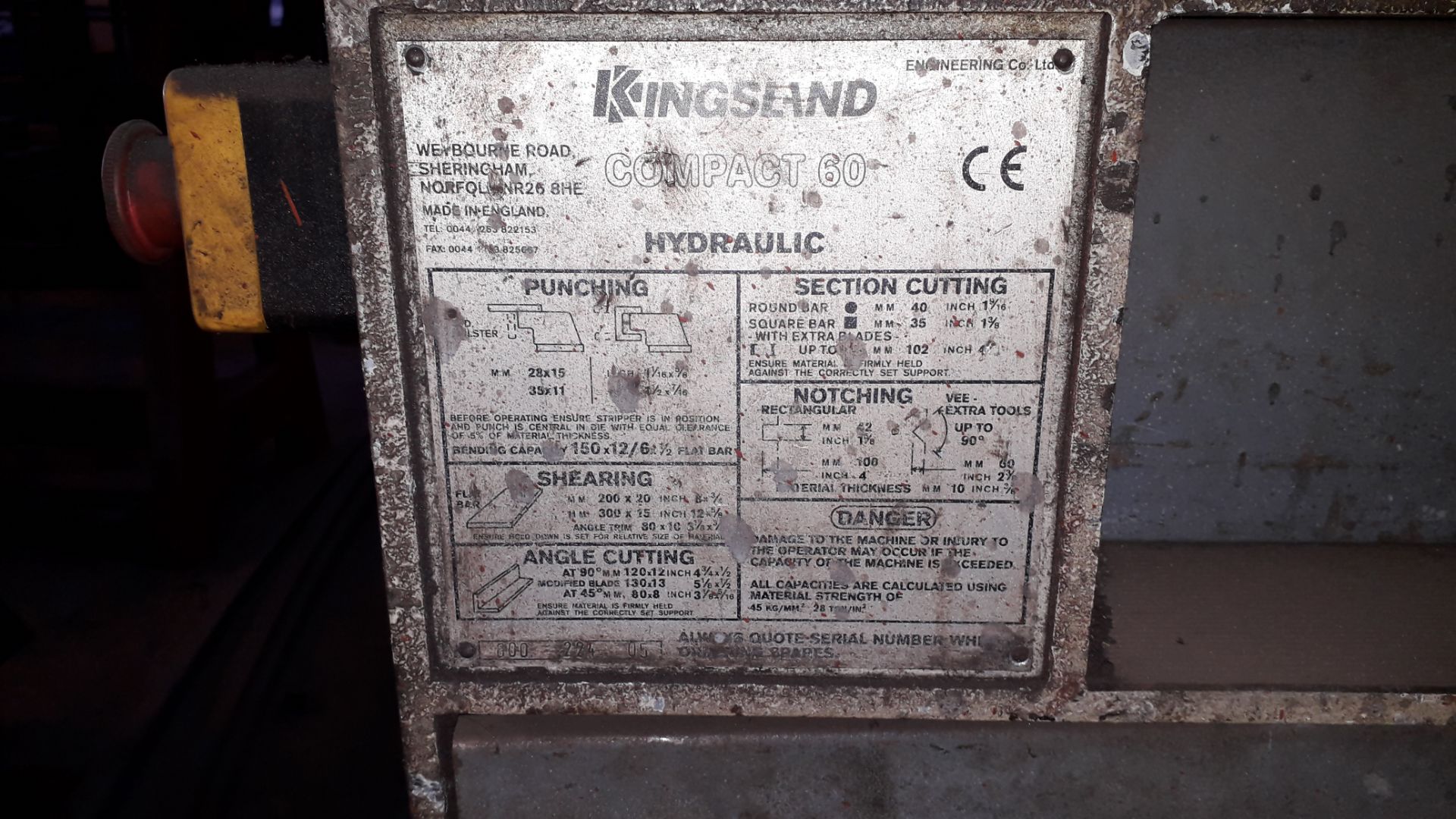 Kingsland Compact 60 Hydraulic Punching, Shearing, Cutting & Notching Machine, Serial Number 600-224 - Image 4 of 4
