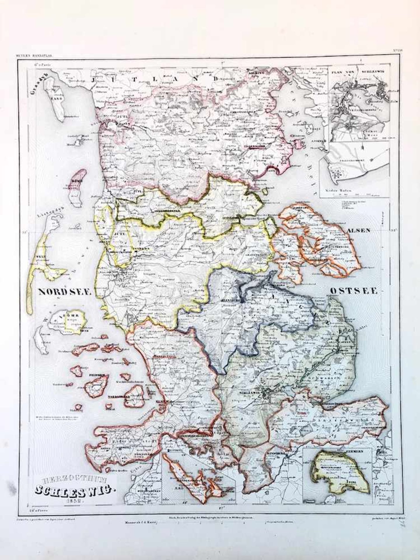 Stahlstich Karte: A. Mädel nach Gotthard, "Herzogthum Schleswig 1852".Stahlstich mit altem