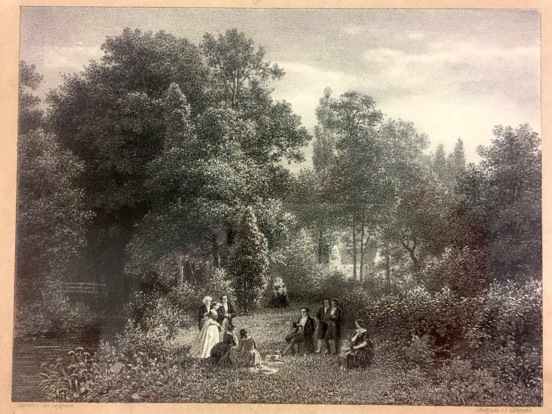 Lithografie A. Lüttmann nach Carl Jungheim: "Der Jacobische Garten in Düsseldorf". 1856.Unter der