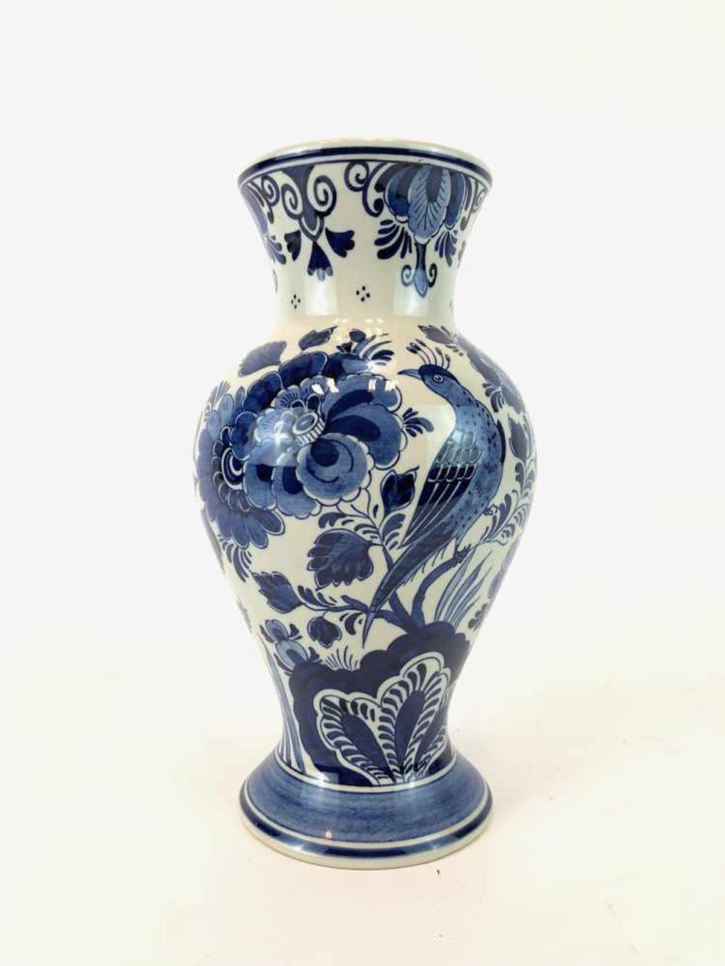 Handbemalte Vase: Delfts blauer RAAM, Keramik.Keramik, handgemalte Blumen und eine Vogel mit