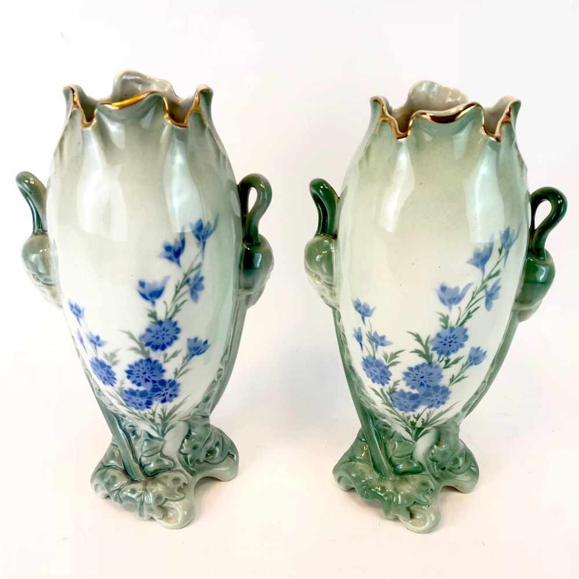Paar Jugendtsil Vasen: Dekor Mohnblumen und Rittersporn. Luneville Faience / Fayence. Um 1900. - Bild 3 aus 5
