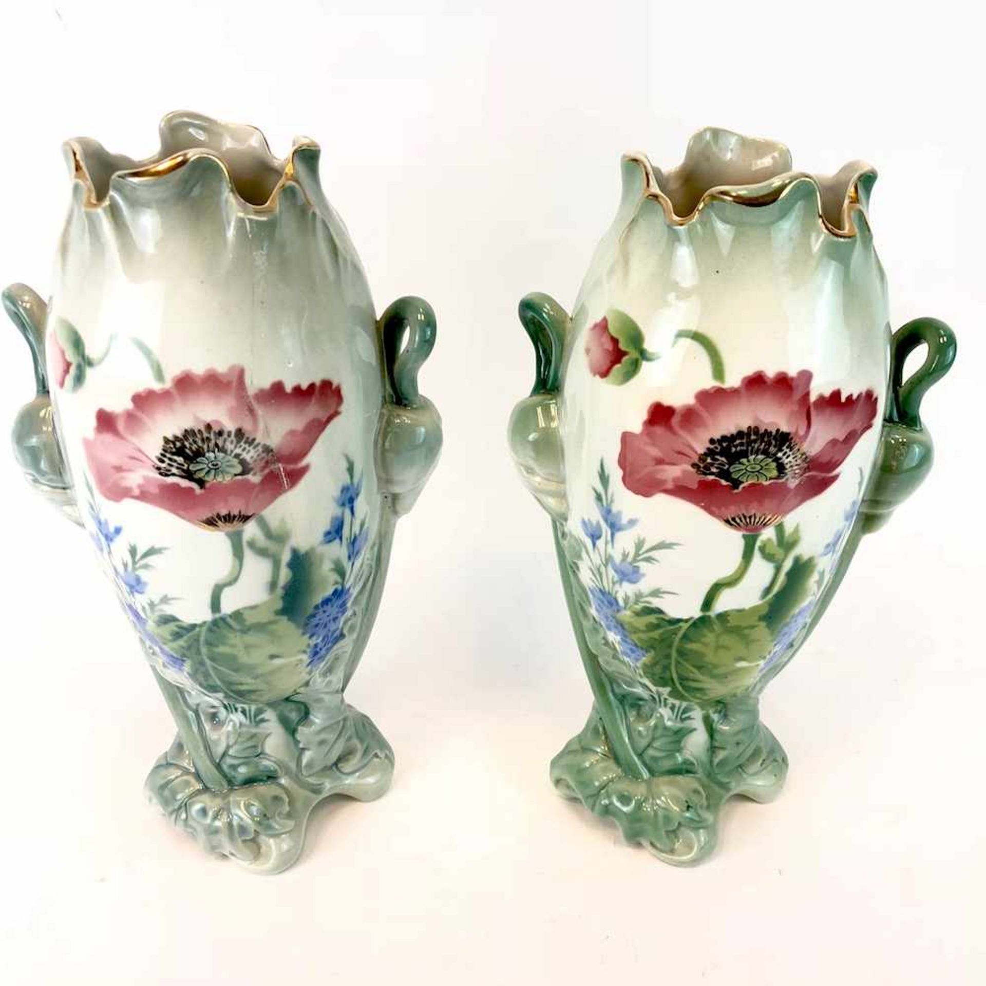 Paar Jugendtsil Vasen: Dekor Mohnblumen und Rittersporn. Luneville Faience / Fayence. Um 1900. - Bild 2 aus 5