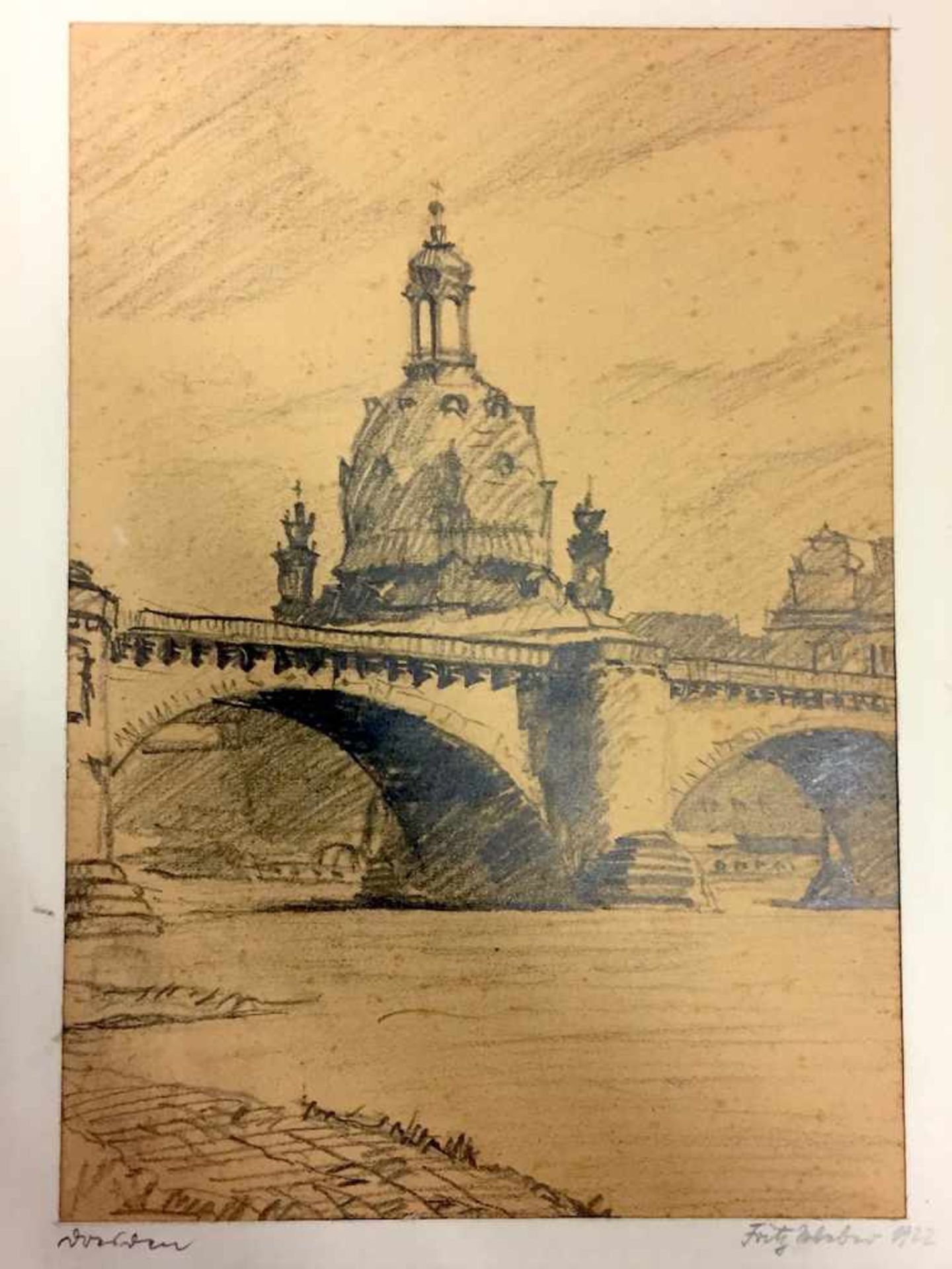 Fritz Weber: "Dresden". Bleistift Zeichnung. 1922.Unten links betitelt "Dresden" sowie rechts