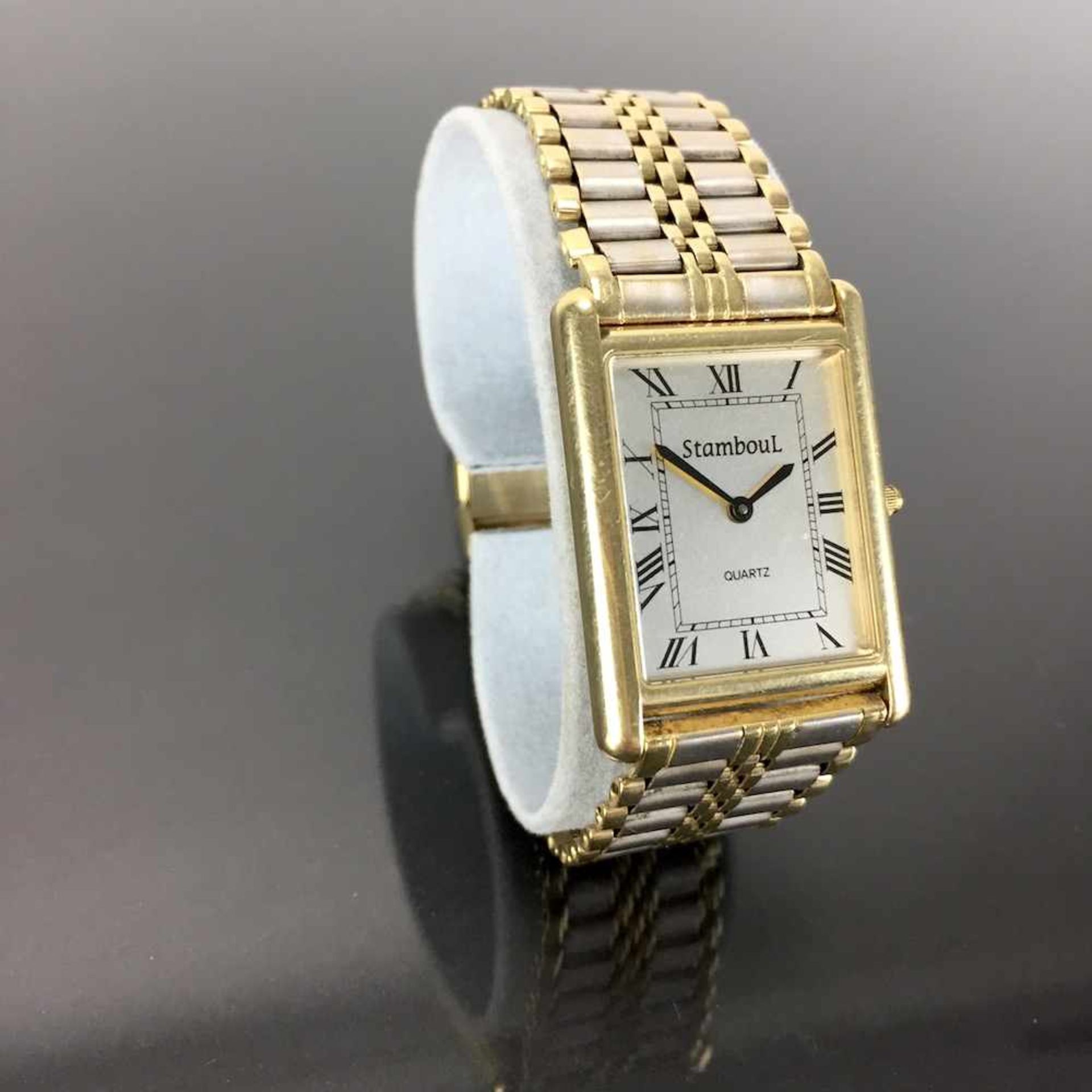 Schwere Herren Armbanduhr: Gold 585 / 14 K.Gemarkt "StambouL | Quartz". Rechteckiges Gehäuse aus - Bild 2 aus 4