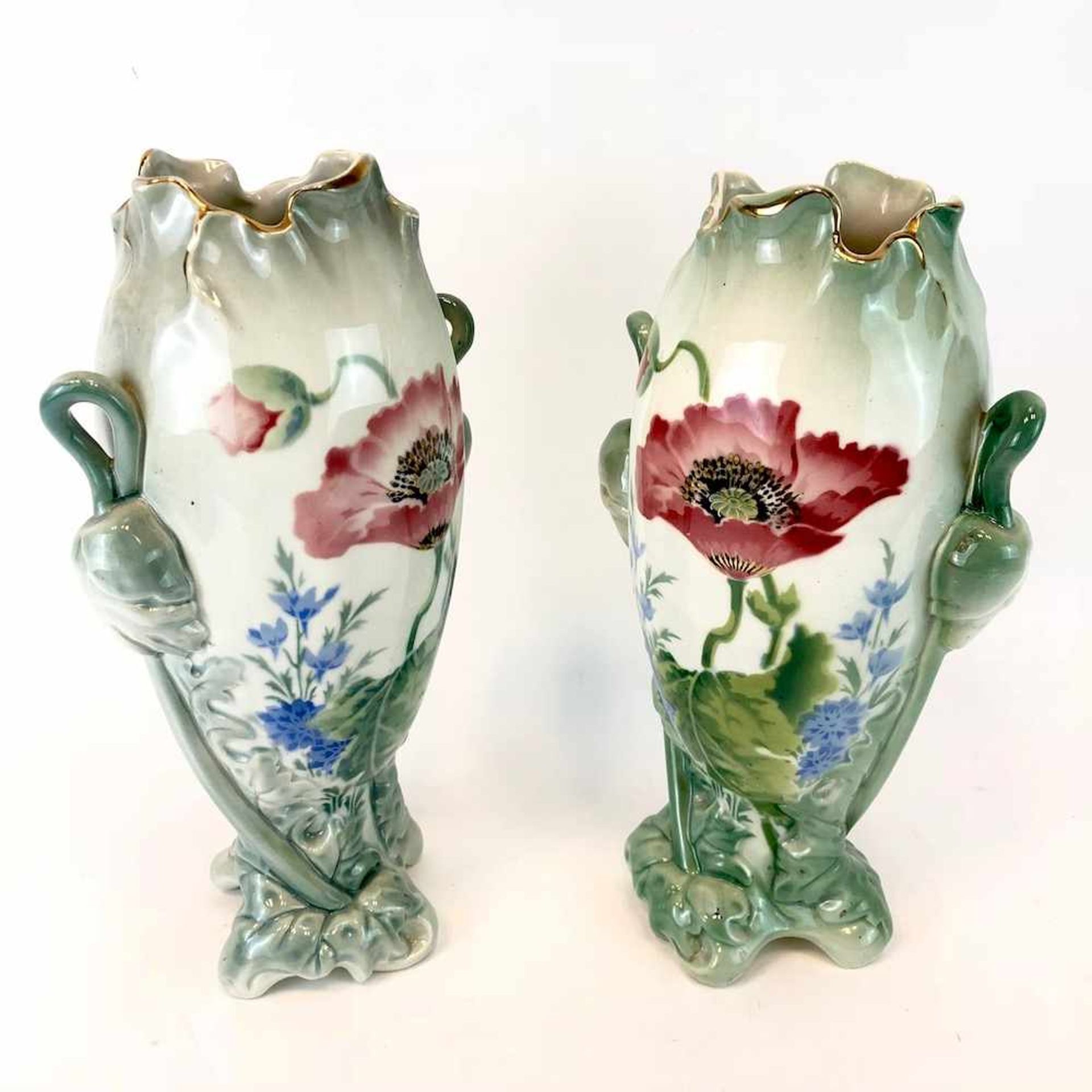 Paar Jugendtsil Vasen: Dekor Mohnblumen und Rittersporn. Luneville Faience / Fayence. Um 1900. - Bild 5 aus 5