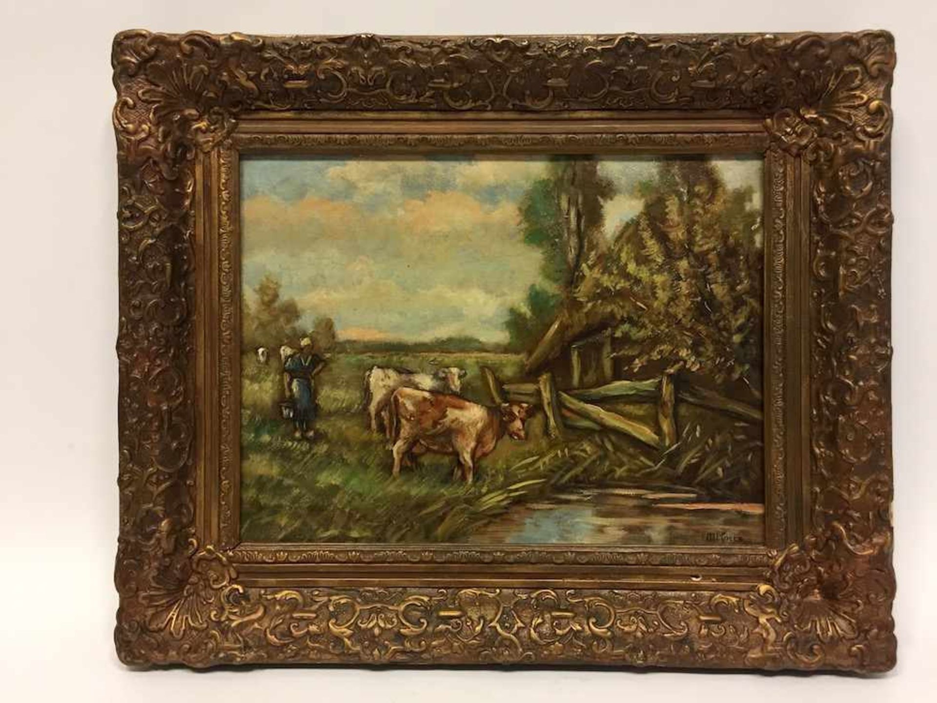 M. Koers: Landschaft mit Kühen, Öl auf Leinwand im Jugendstilrahmen, 20. Jh., sehr gut.Unten - Image 2 of 2