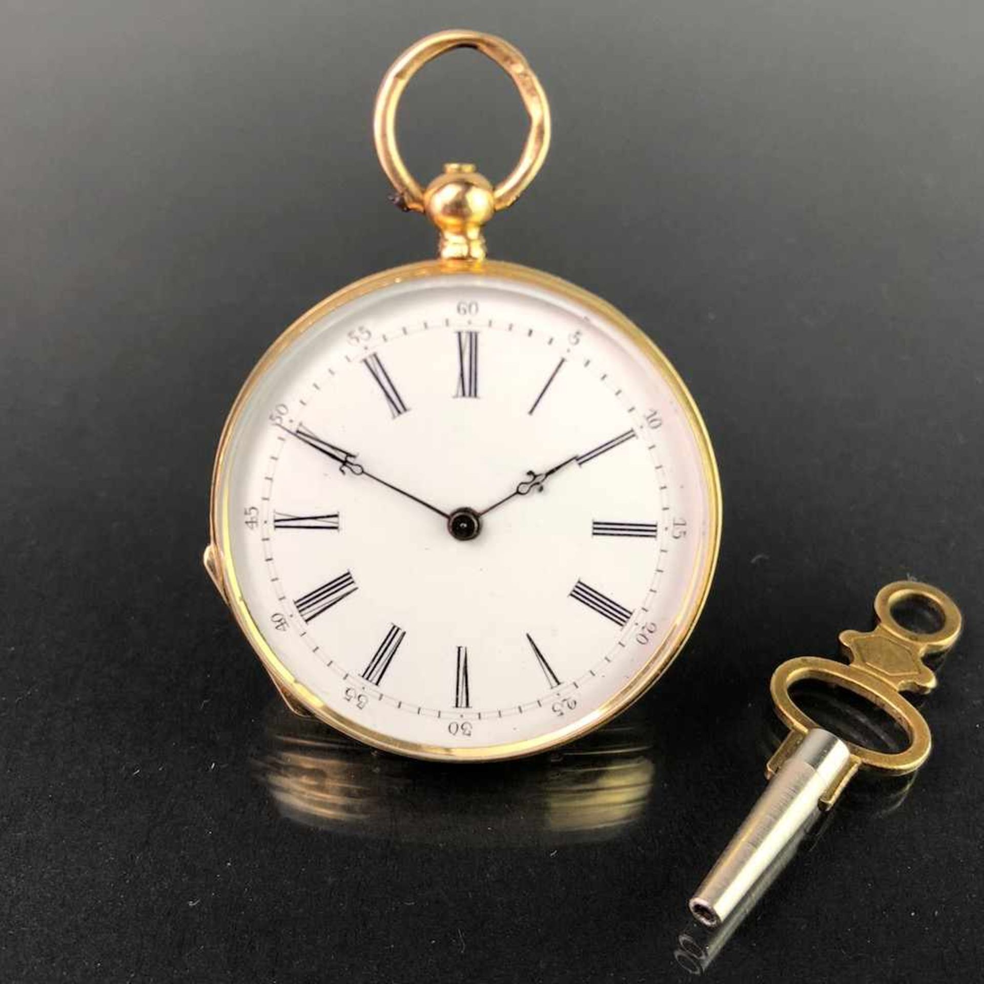 Schlüsseltaschenuhr / Frackuhr / Zylindertaschenuhr: Gelb-Gold 750, Firma Adolphe, Genf / Schweiz, - Bild 3 aus 3