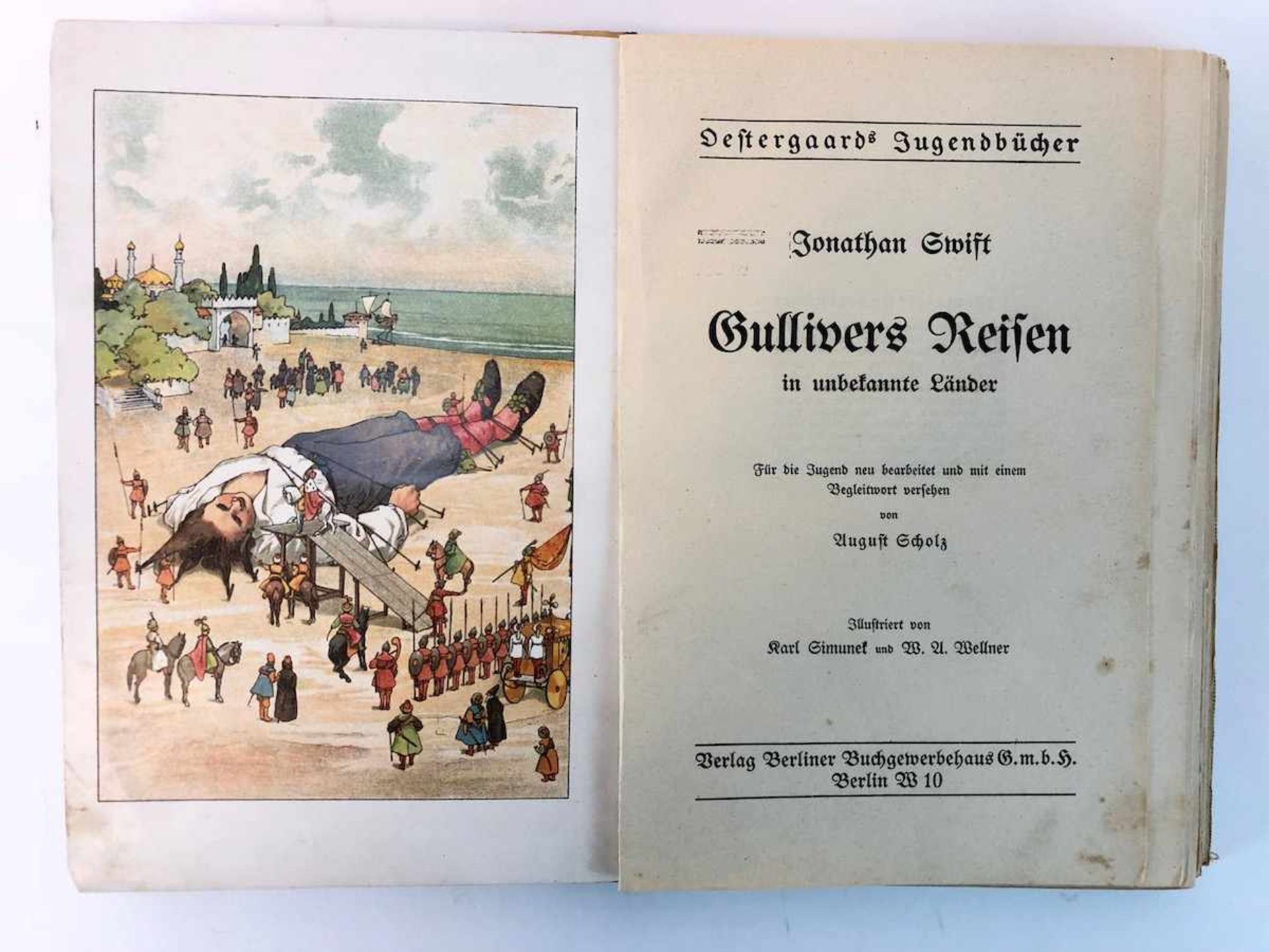 Jonathan Swift: "Gullivers Reisen in unbekannte Länder". Farbig illustriert, um 1900, sehr gut.Aus