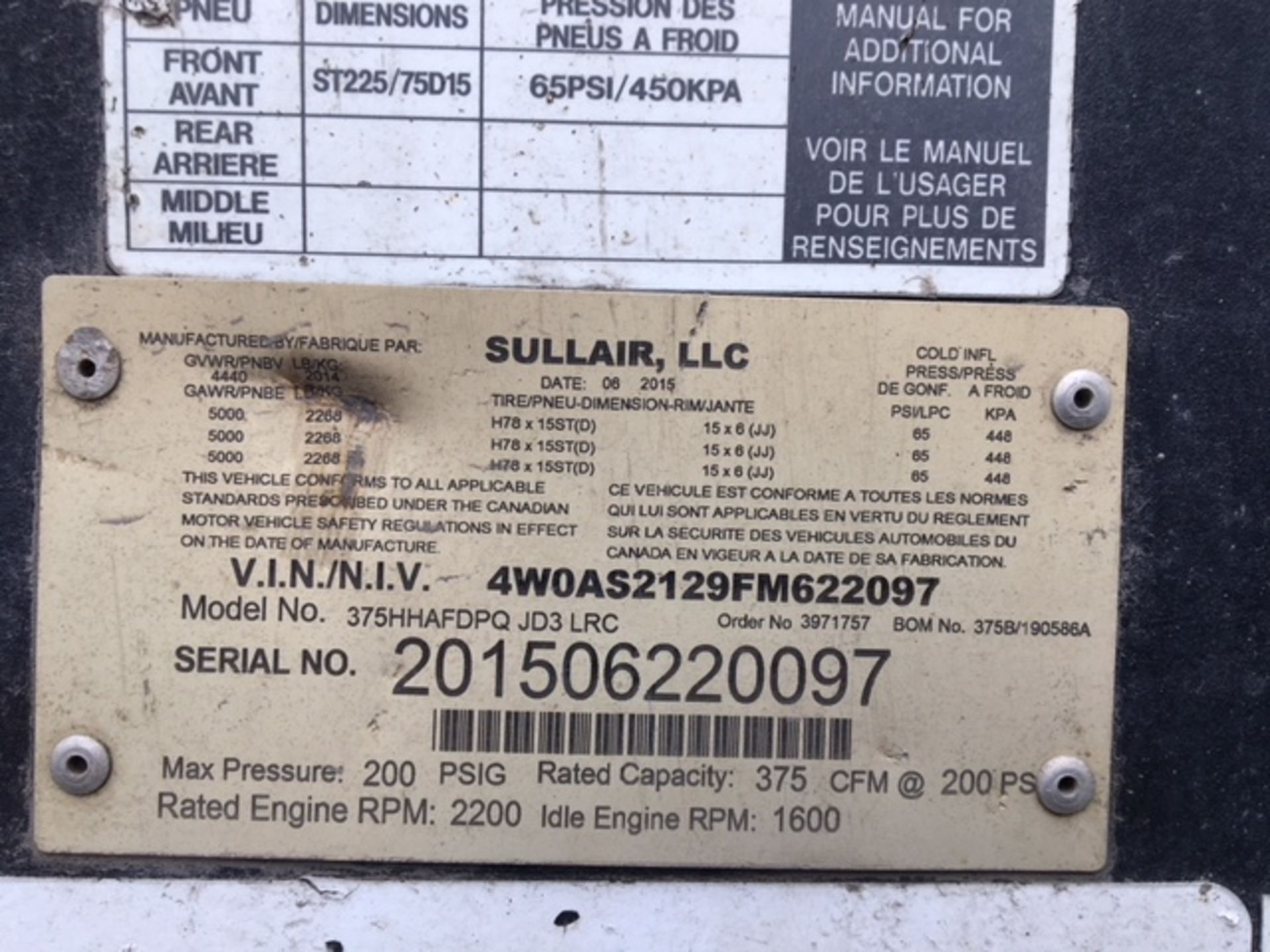 SULLAIR Compressor, 2015, mod: 375, sn: 4W0AS212FM622097 (see photos for details) - Bild 8 aus 8