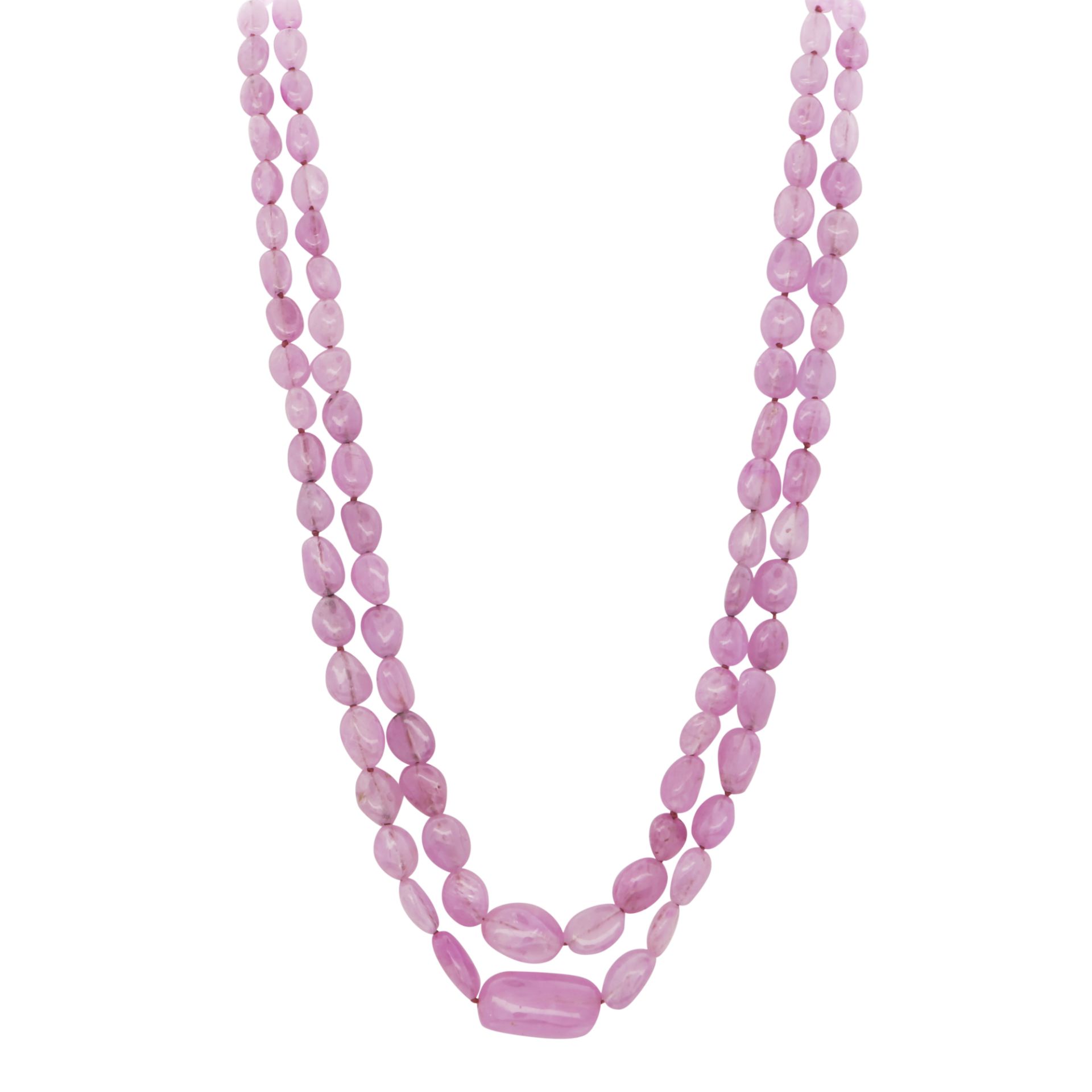 A PINK SAPPHIRE AND DIAMOND BEAD NECKLACE in white gold, comprising two rows of graduated,