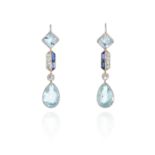 A PAIR OF ART DECO AQUAMARINE, SAPPHIRE AND DIAMOND EARRINGS in platinum or white gold, each set