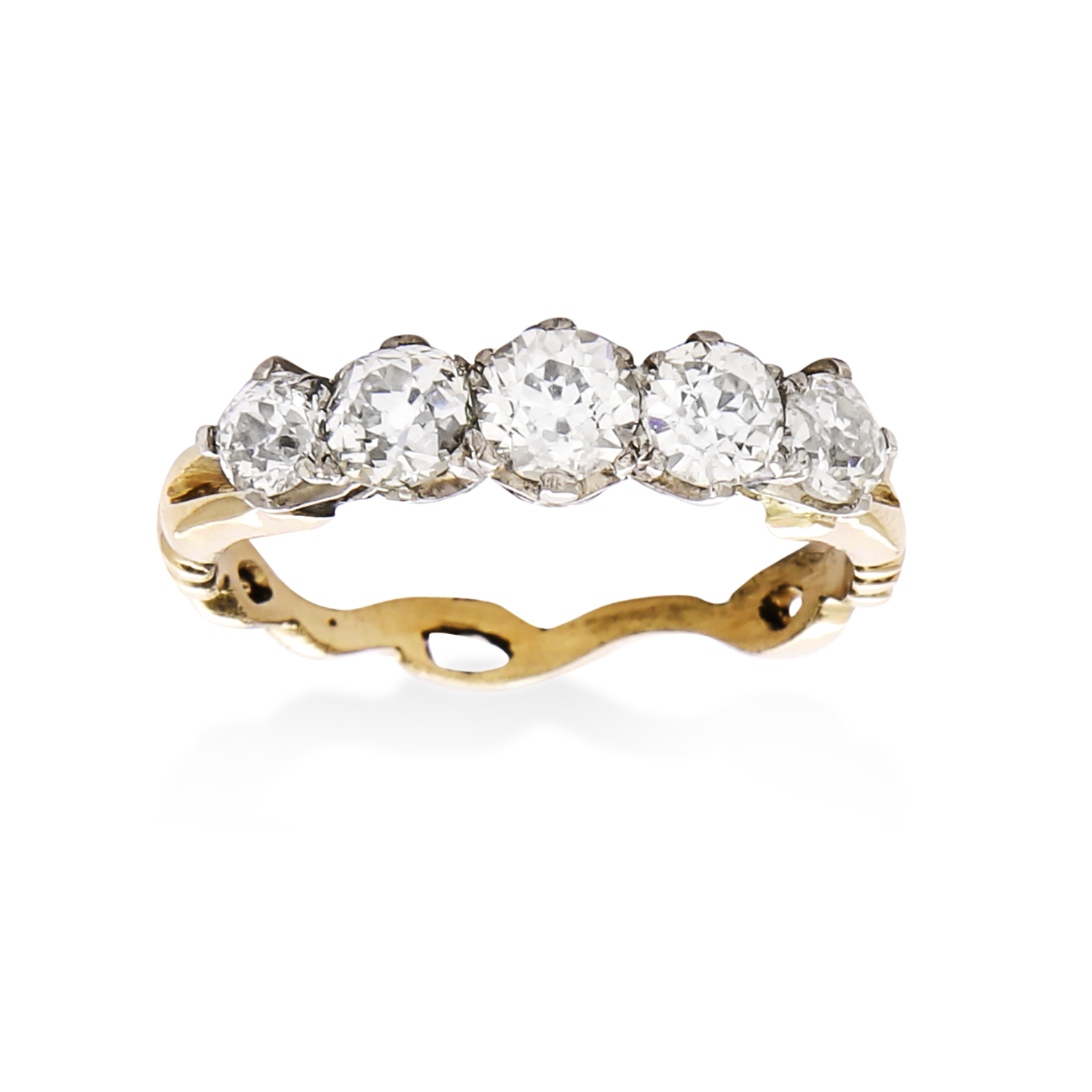 A 1.60 CARAT DIAMOND FIVE STONE RING in high carat yellow and white gold, set with a graduated row