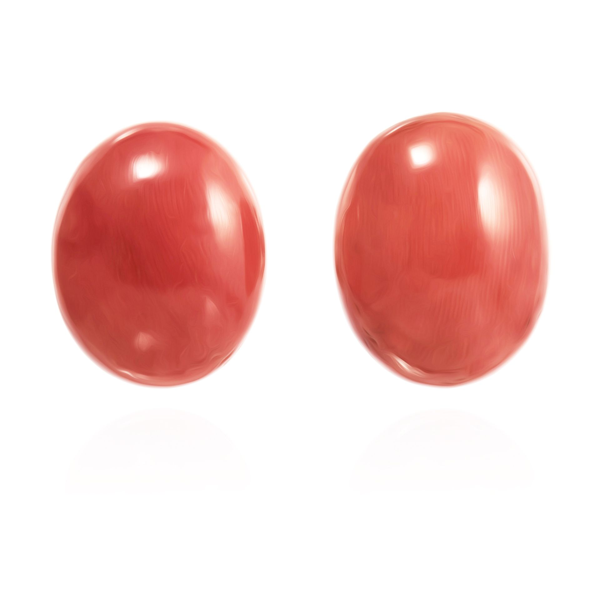 A PAIR OF CORAL BEAD CLIP EARRINGS each set with a large polished coral bead of 20.7mm and 19.6mm,