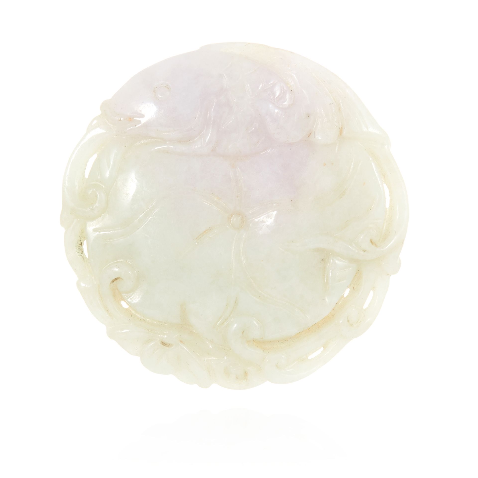 A CHINESE CARVED GREEN AND LAVENDER JADE DISC carved in detail to depict fish within scrolling