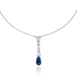 A BURMA NO HEAT SAPPHIRE AND DIAMOND PENDANT in platinum, the Burma no heat pear cut sapphire on