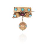 AN ANTIQUE TURQUOISE AND GARNET BROOCH, 19TH CENTURY in yellow gold, the ribbon and bow motif