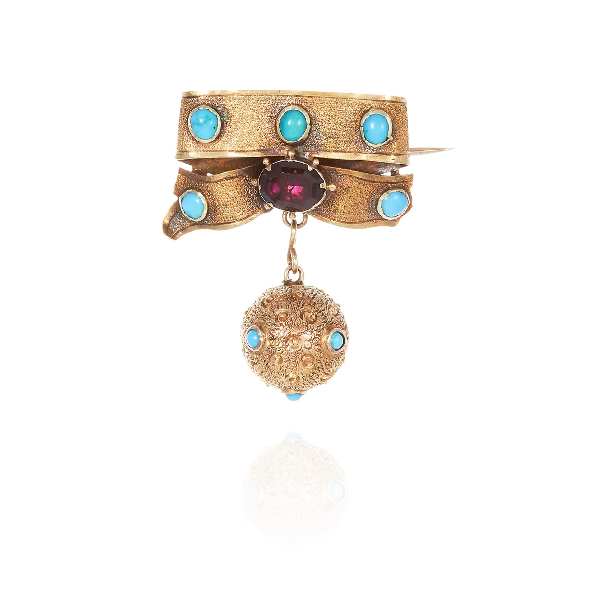 AN ANTIQUE TURQUOISE AND GARNET BROOCH, 19TH CENTURY in yellow gold, the ribbon and bow motif