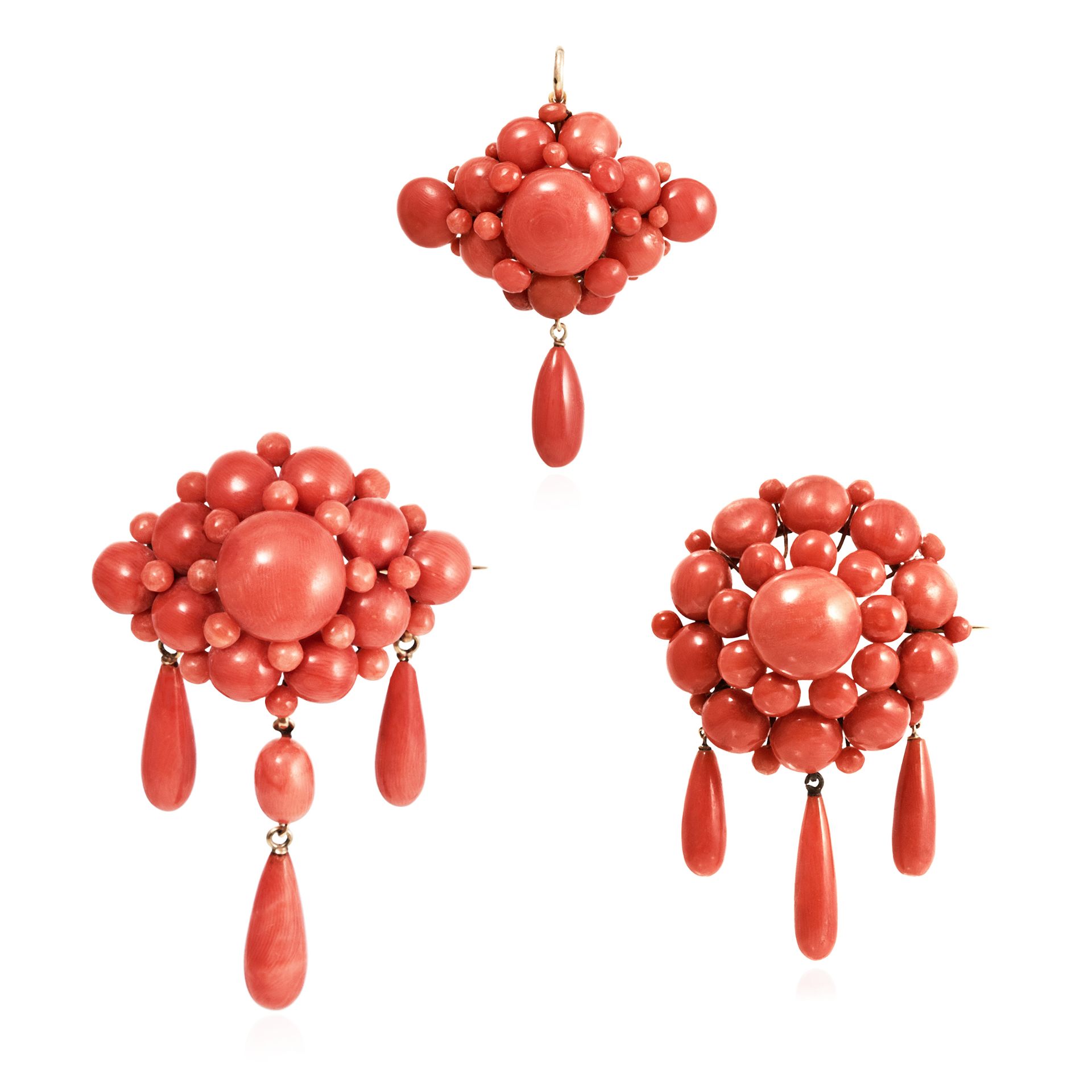 THREE ANTIQUE CORAL BROOCHES, ITALIAN CIRCA 1860 each designed as a cluster of coral beads