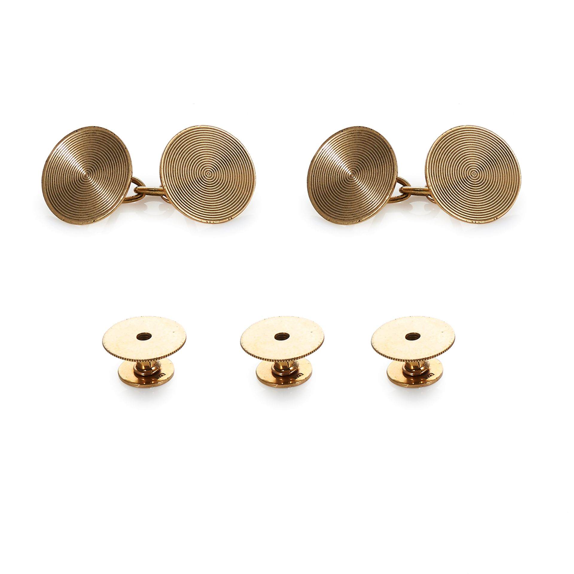 A VINTAGE CUFFLINK AND STUD DRESS SET 1950s in yellow gold, each cufflink comprising two circular