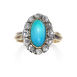 AN ANTIQUE TURQUOISE AND DIAMOND RING in high carat yellow gold and silver, set with an oval