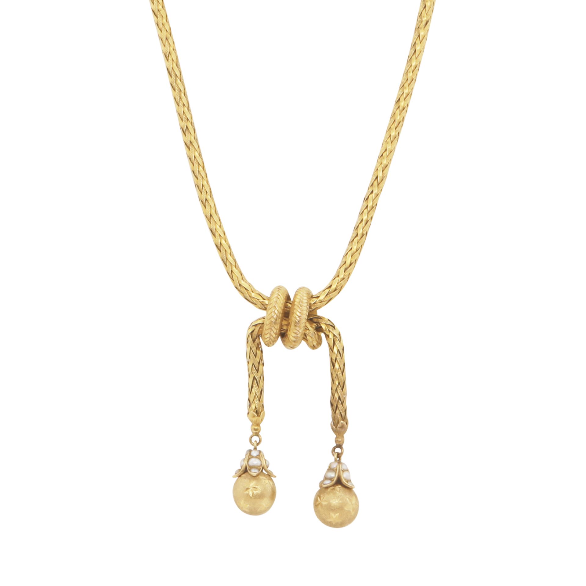 AN ANTIQUE HIGH CARAT GOLD NECKLACE, 19TH CENTURY the fancy link, coven chain suspending a knotted