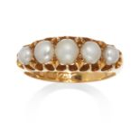 AN ANTIQUE NATURAL PEARL RING, 19TH CENTURY in 18ct yellow gold, comprising a row of five