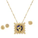 A DIAMOND AND LAPIZ LAZULI PENDANT NECKLACE, EARRINGS, BRACELET AND RING SUITE 'THE MADONNA OF