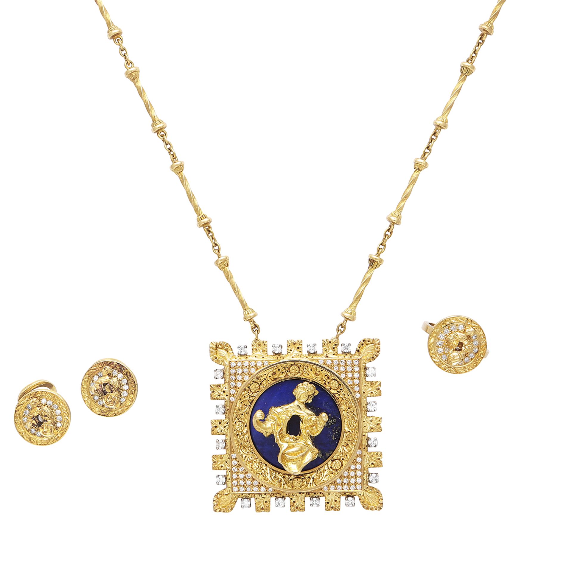 A DIAMOND AND LAPIZ LAZULI PENDANT NECKLACE, EARRINGS, BRACELET AND RING SUITE 'THE MADONNA OF