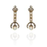 A PAIR OF ART DECO PEARL AND DIAMOND EARRINGS in yellow gold, jewelled with round cut diamonds