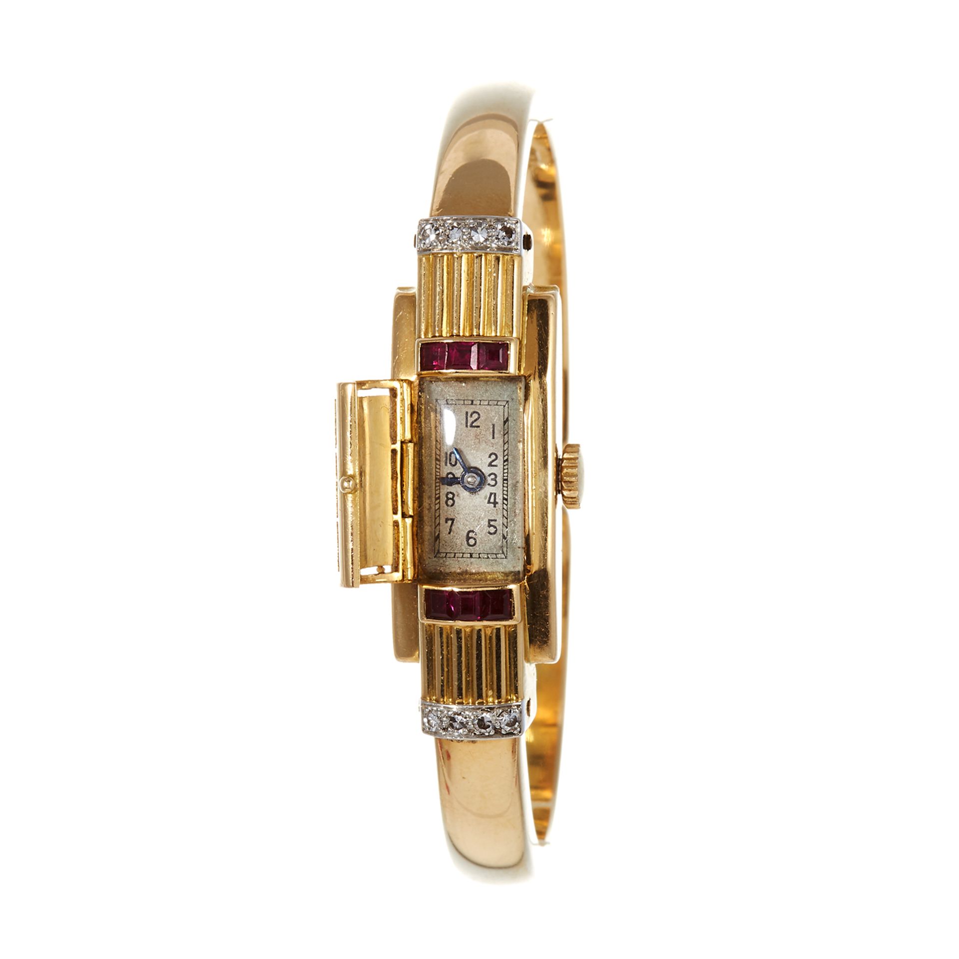 A RUBY, DIAMOND AND ENAMEL COCKTAIL WATCH in 18ct yellow gold the dial with a hinged, enamelled - Bild 2 aus 2