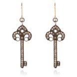 A PAIR OF DIAMOND KEY EARRINGS in yellow and white gold or silver, the key motif jewelled with round