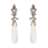 A PAIR OF ANTIQUE WHITE CORAL AND DIAMOND EARRINGS in yellow gold and silver, the polished white